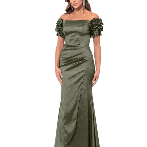 XSCAPE Women's Off-The-Shoulder Floral-Sleeve Dress Olive Size 12 - Picture 2 of 6